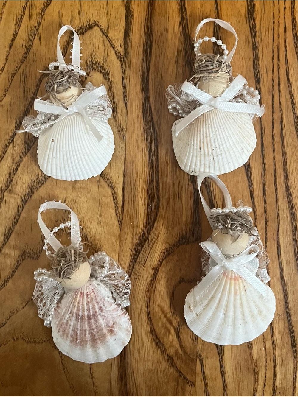 4 Handmade Seashell Angel Ornaments - White